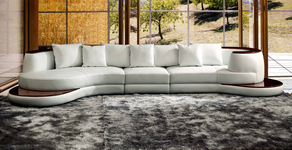 Divani Casa Rodus Modern White Leather Curved Sectional Sofa With Wood Trim Model VGEV105