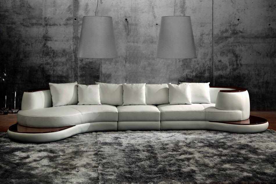 Divani Casa Rodus Modern White Leather Curved Sectional Sofa With Wood Trim Model VGEV105