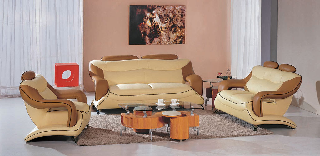 7055 Modern Cream And Camel Leather Sofa Set Model VGBN7055-CAM