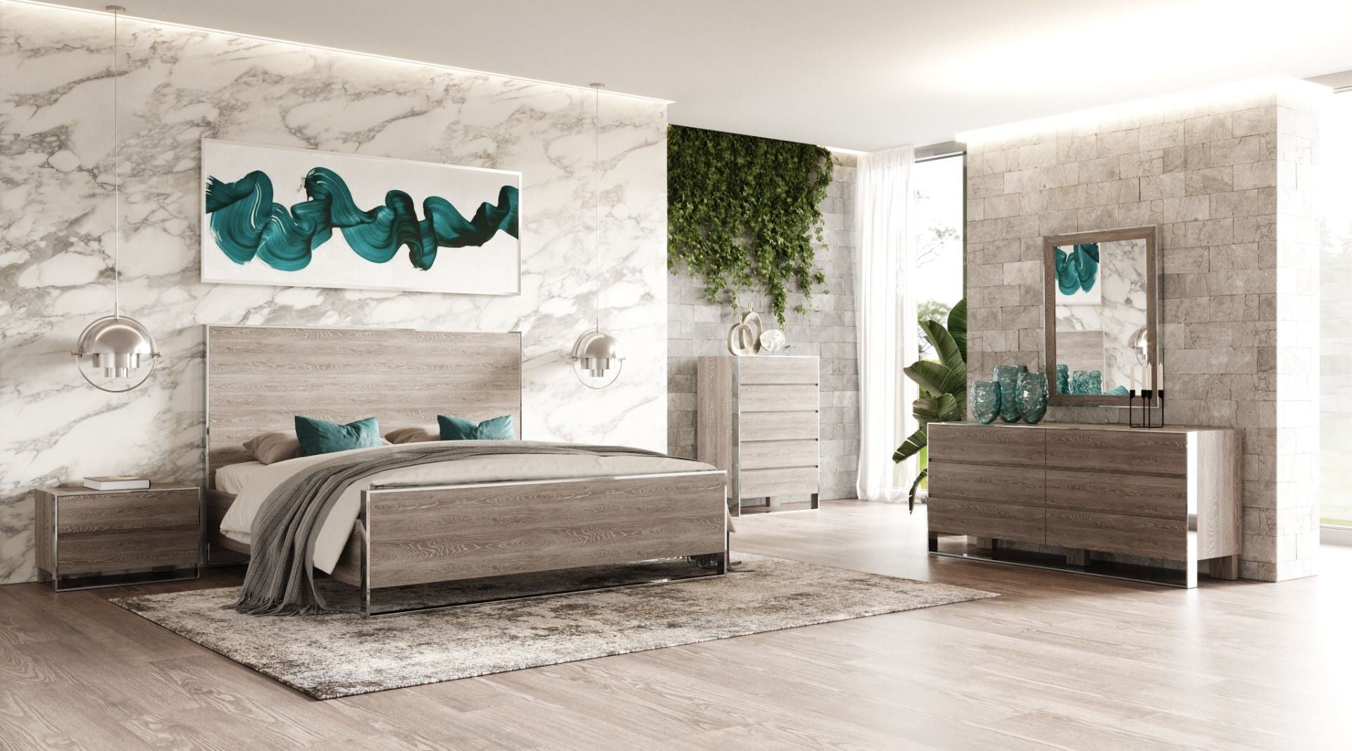 Eastern King Modrest Charlene Modern Grey Elm & Stainless Steel 4 Piece Bedroom Set Model VGVC-CHARLENE-4PC-SET-EK