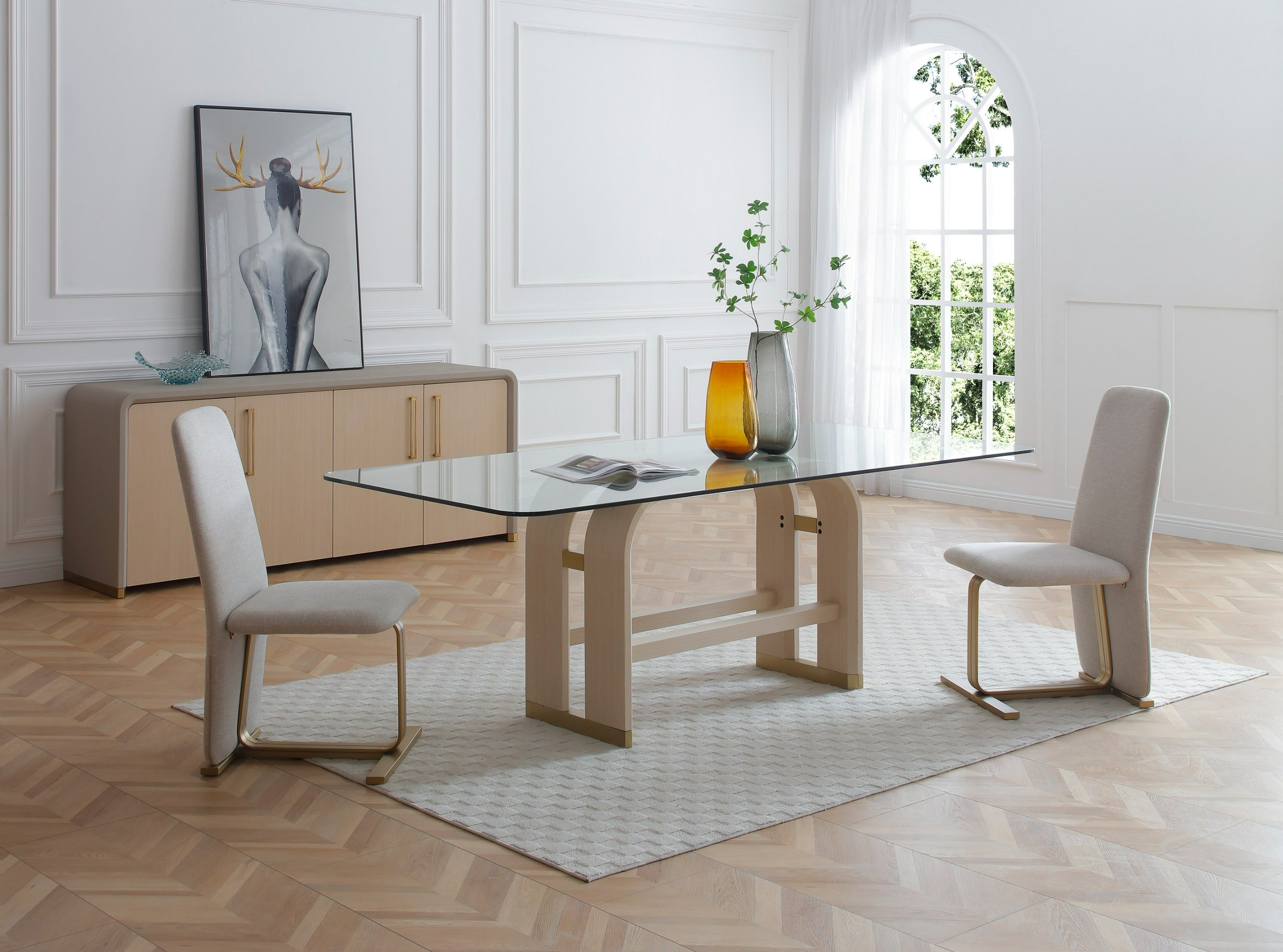 Modrest Florence Modern Glass & Natural Oak & Gold Dining Table Model VGVC-T2410