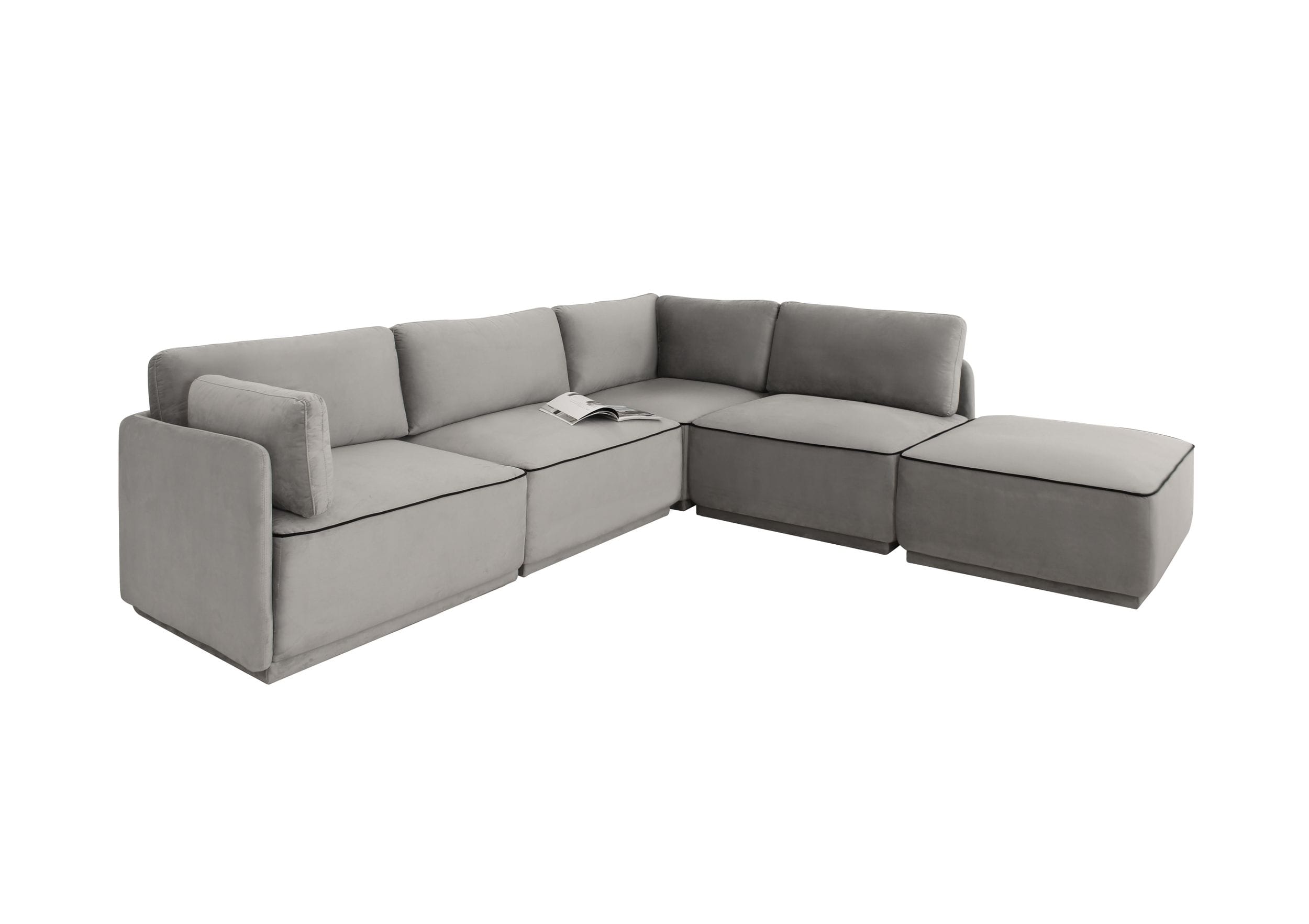 Divani Casa Blythe Modern Light Grey Velvet Sectional Sofa & Ottoman Model VGKNK8596-GRY-SECT