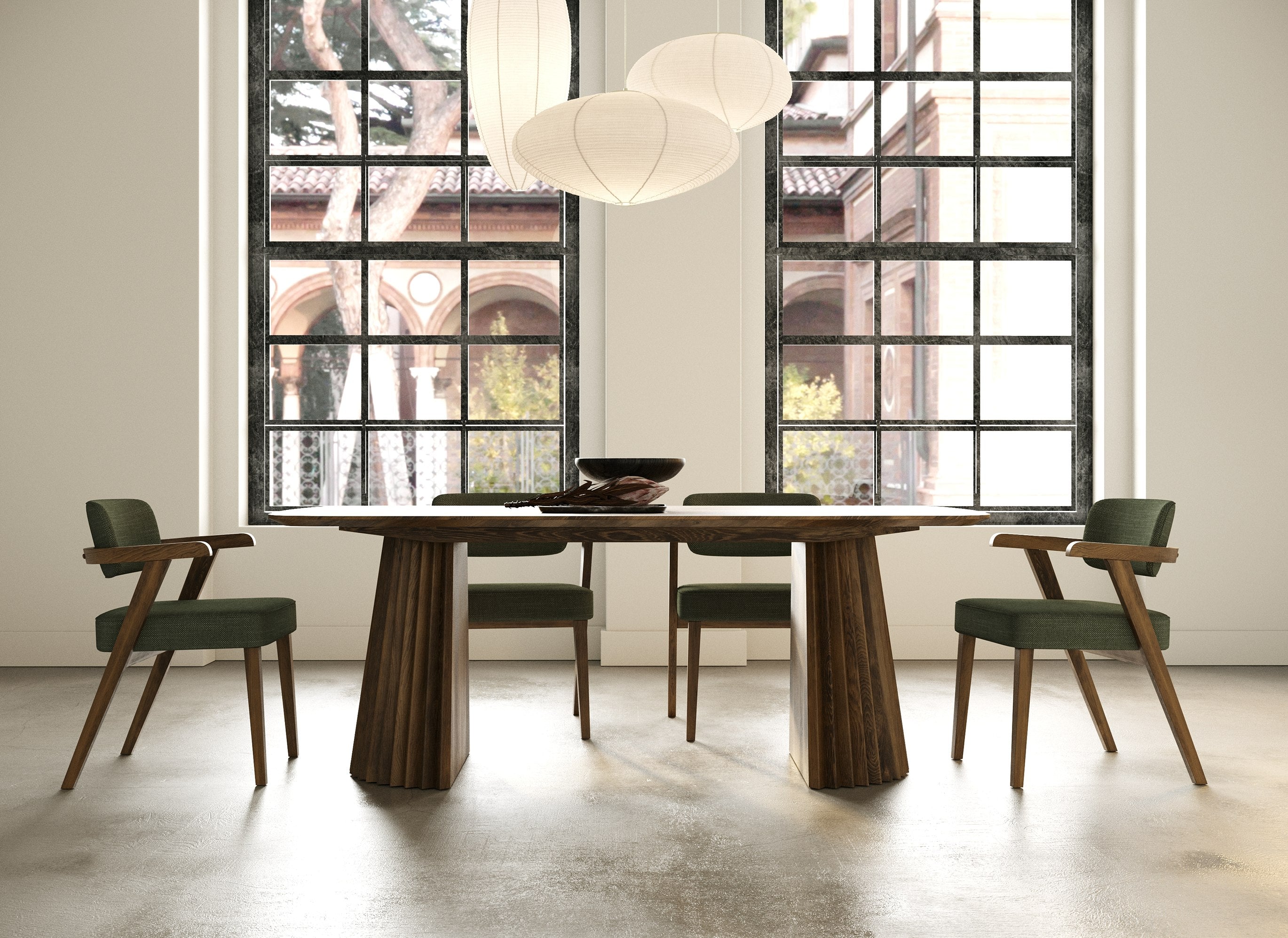 Modrest Sacks Mid Century Modern Green Fabric & Herringbone Walnut Dining Set Model VGMA-MIT-5451-SET-WAL