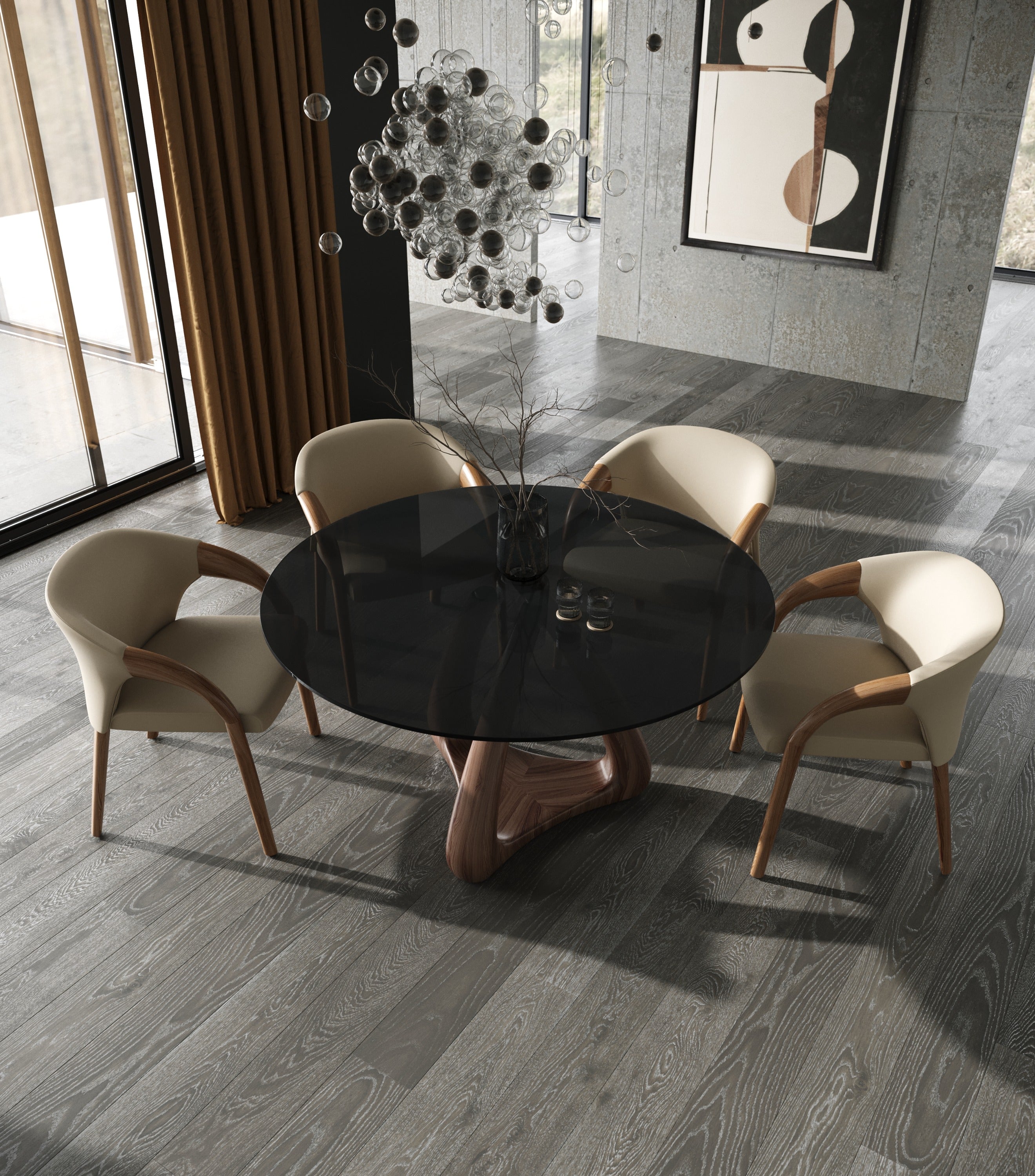Modrest Christy Mid Century Modern Grey Glass & Walnut Round Dining Table Model VGIP-DT643-RND