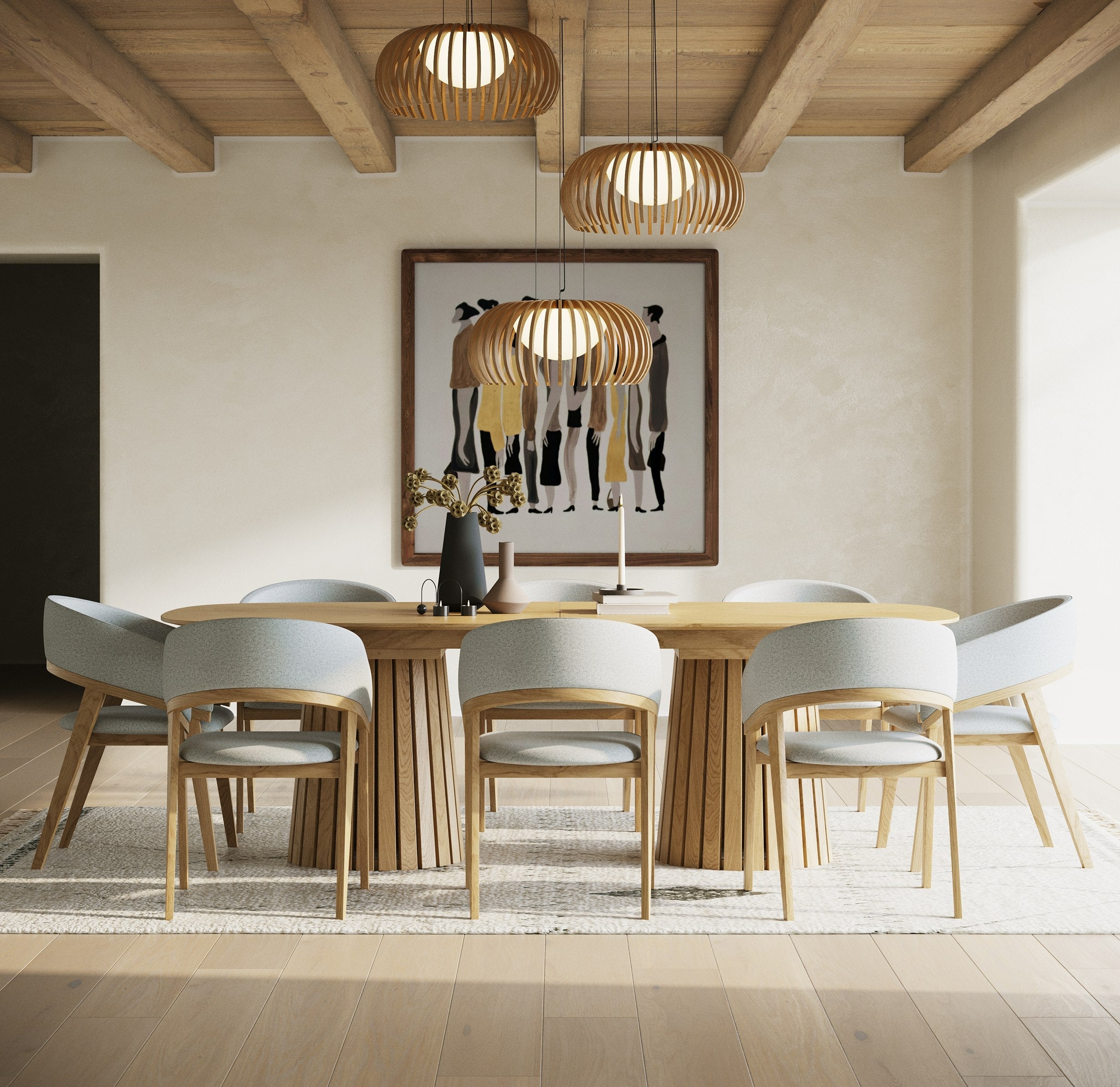 Modrest Truman Mid Century Modern Natural Oak Extendable Dining Table & 8 Chairs Set Model VGMA-MIT-5346-EXTSET-NAT