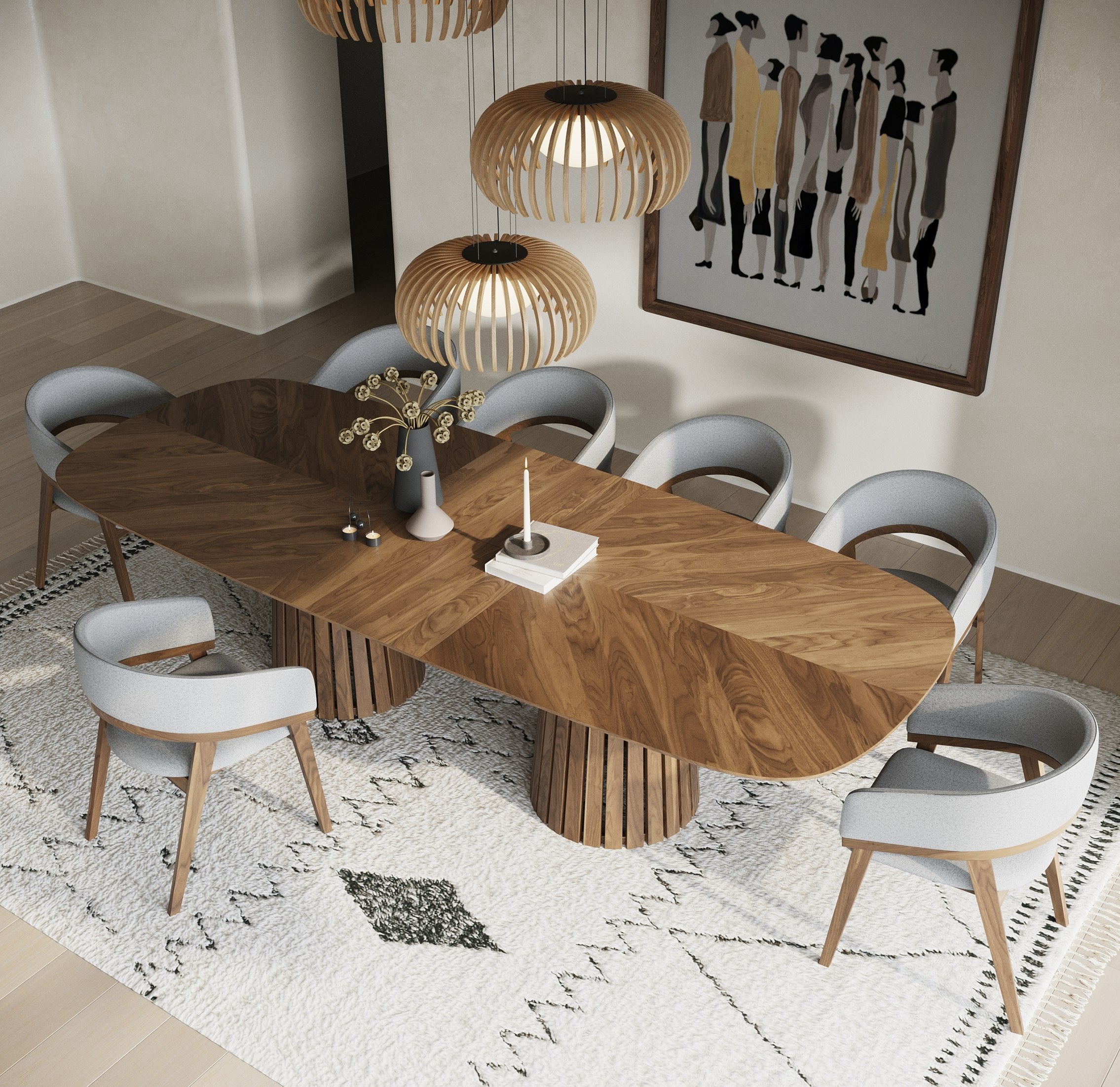 Modrest Truman Mid Century Modern Walnut Extendable Dining Table & 6 Chairs Set Model VGMA-MIT-5346-MI-1240-7PC