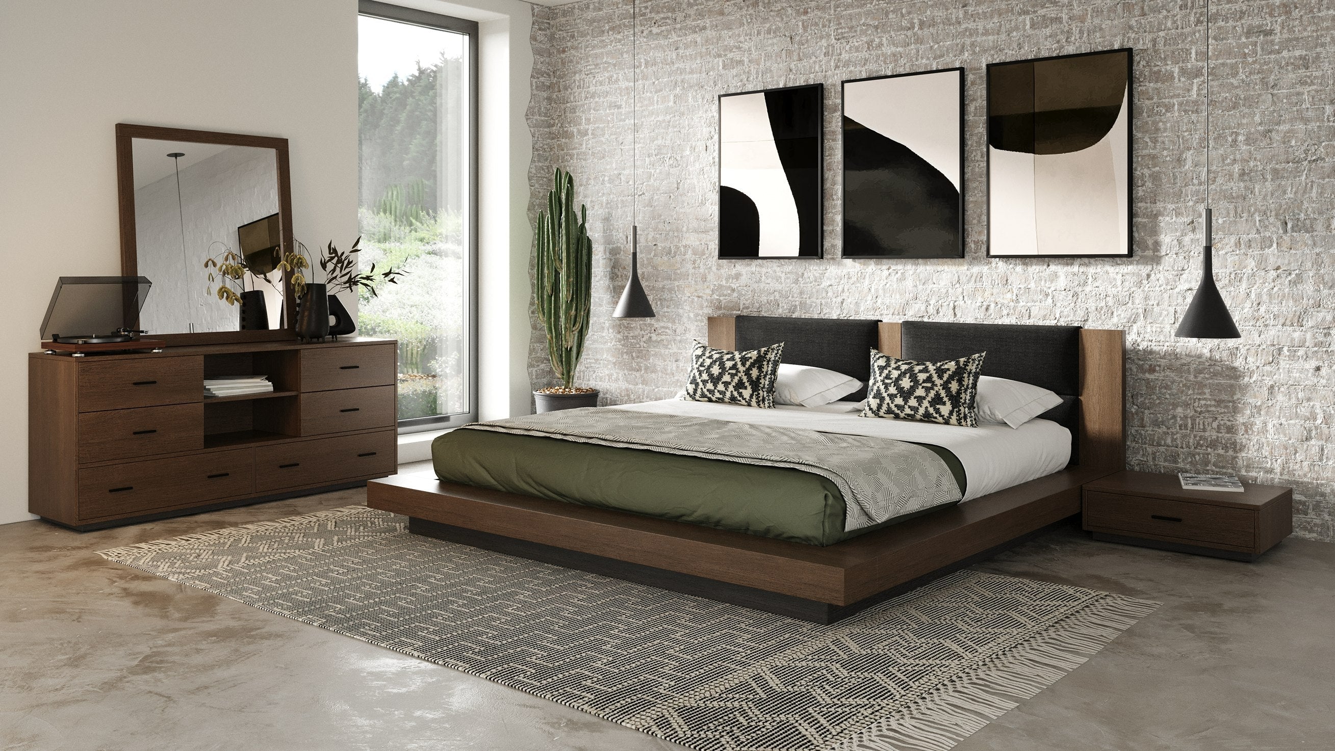 Nova Domus Fantasia Dark Walnut | Dark Grey Bed And Two Nightstands Model VGWDHL-W01-BED-2NS