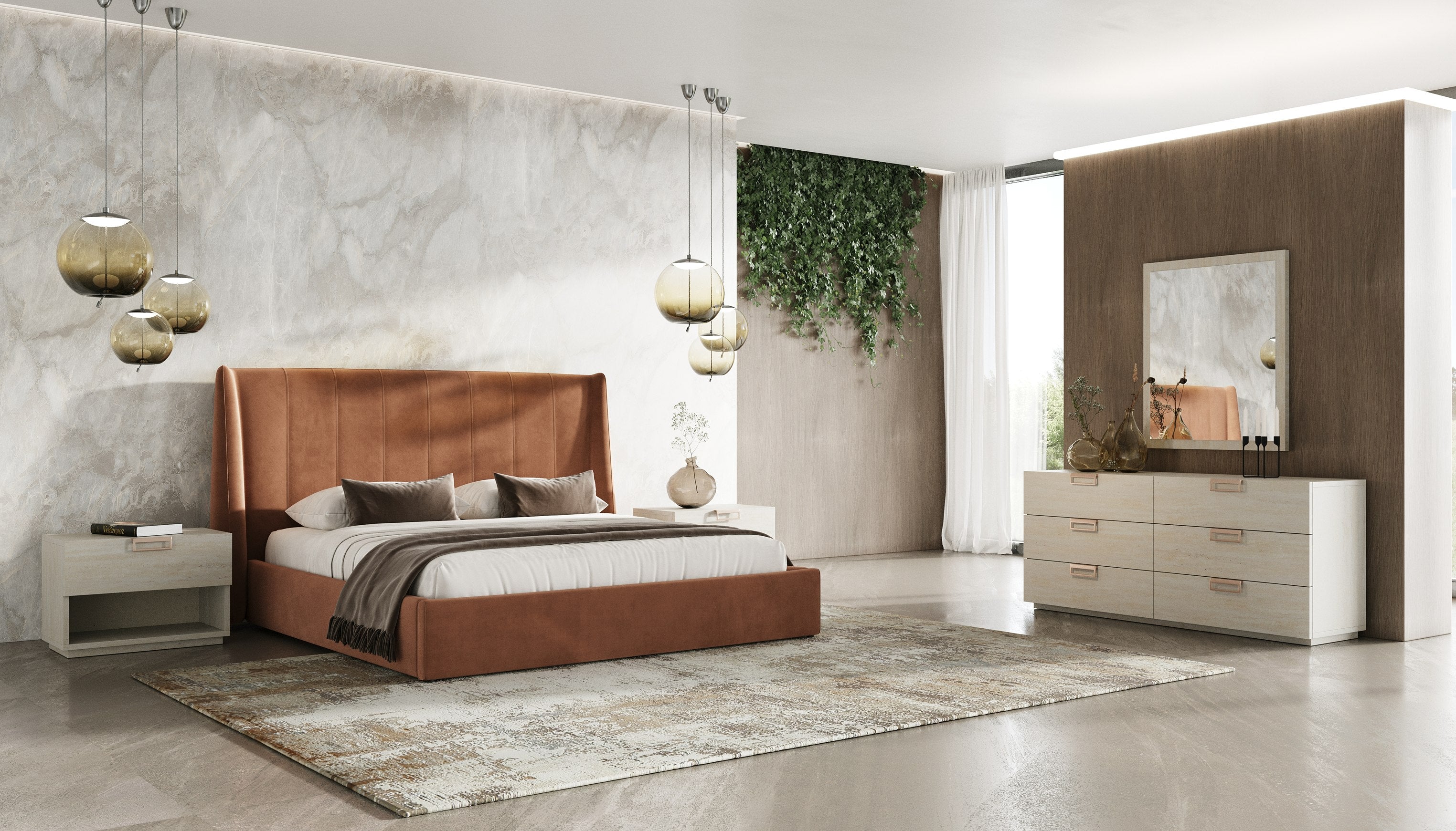 Queen Lamod Roma & Lago Modern Burnt Orange Velvet & Faux Travertine 4 Piece Bedroom Set Model VGAC-ROMALAGO-4PC-SET-Q